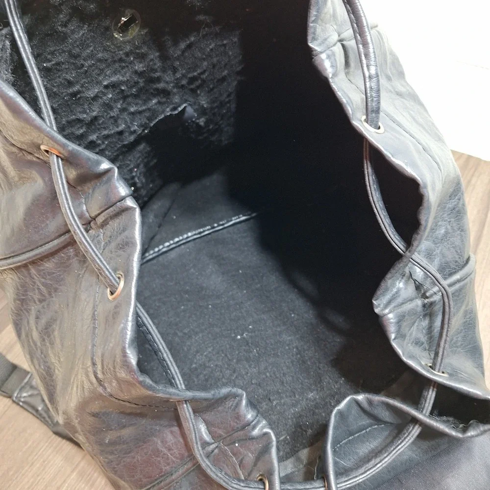 Nexus Backpack Black Faux Leather Vintage Drawstring Flap Pockets Large Size